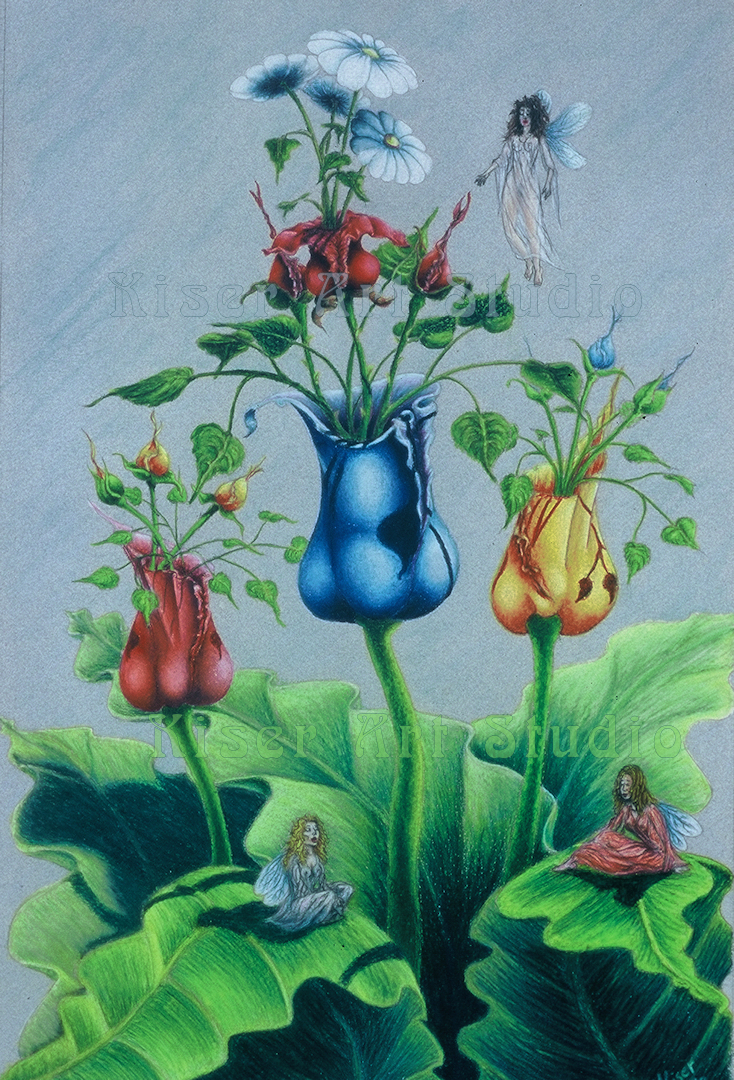 Prismacolor pencil drawing, Floral Phoenix, by Marty Kiser