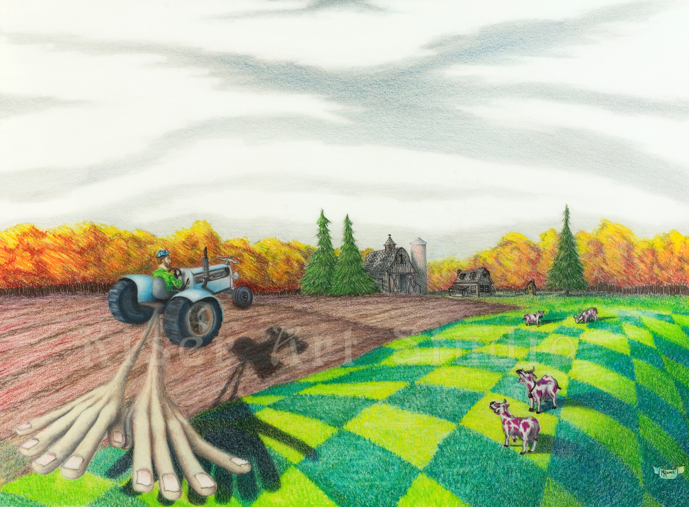 Prismacolor pencil drawing, Farming Daydream, by Marty Kiser